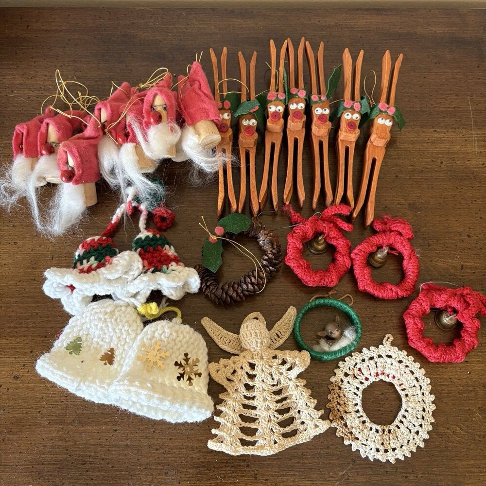 Lot of 26 Vintage Hand Made Christmas Ornaments Reindeer Gnomes Wreaths AS IS